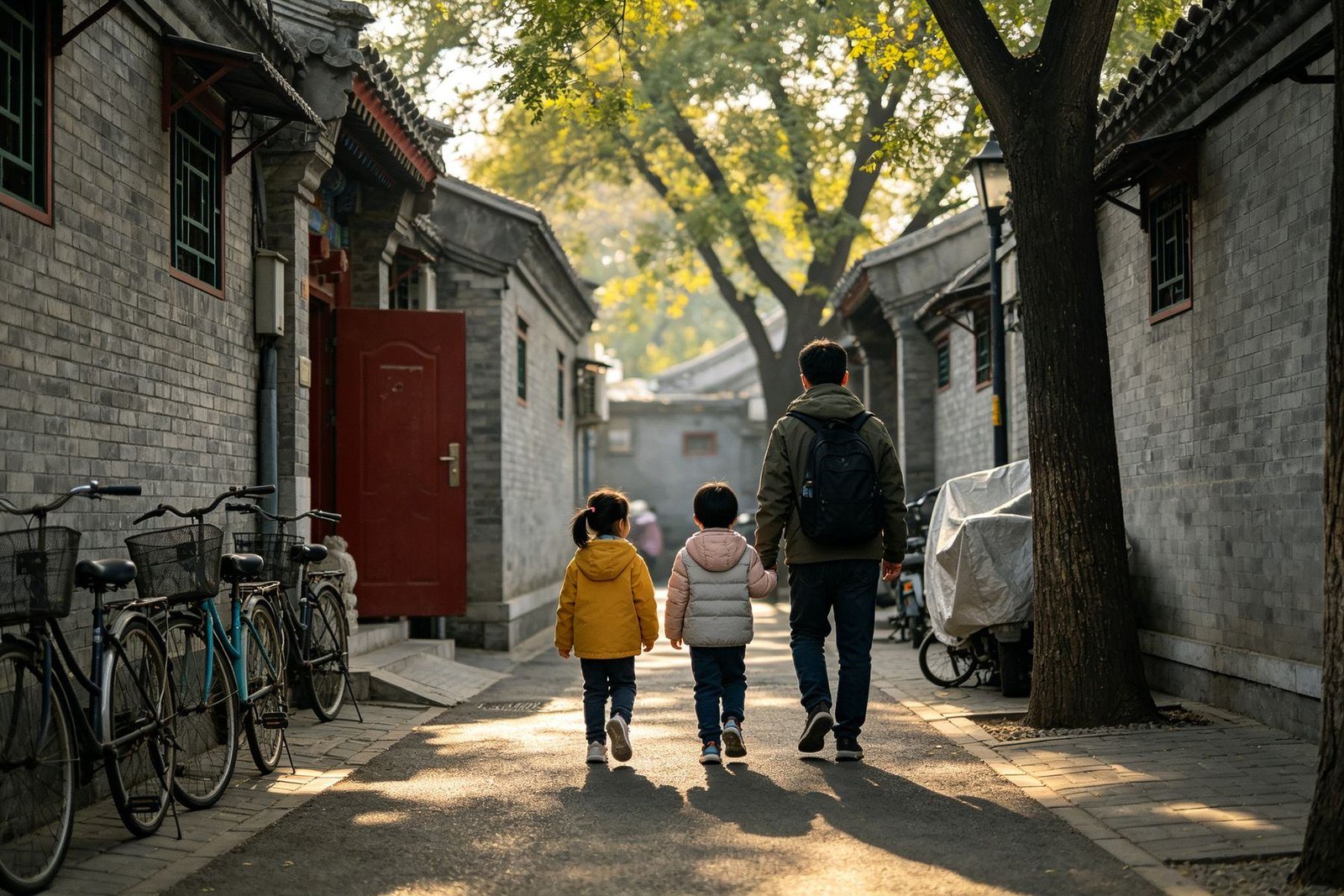 A companion guide walking two children down a Beijing hutong lane in the morning