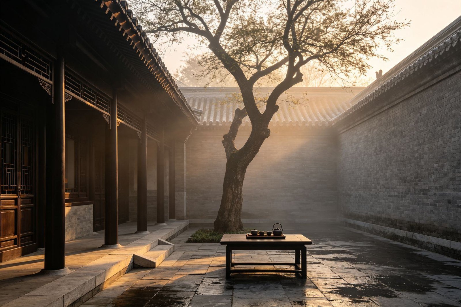 A restored siheyuan courtyard house in the Beijing hutongs at first light