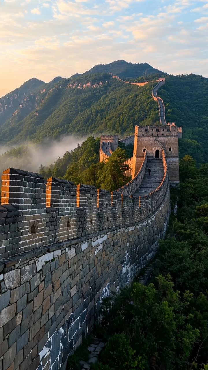 A quiet stretch of the Great Wall at sunrise with mist in the valleys