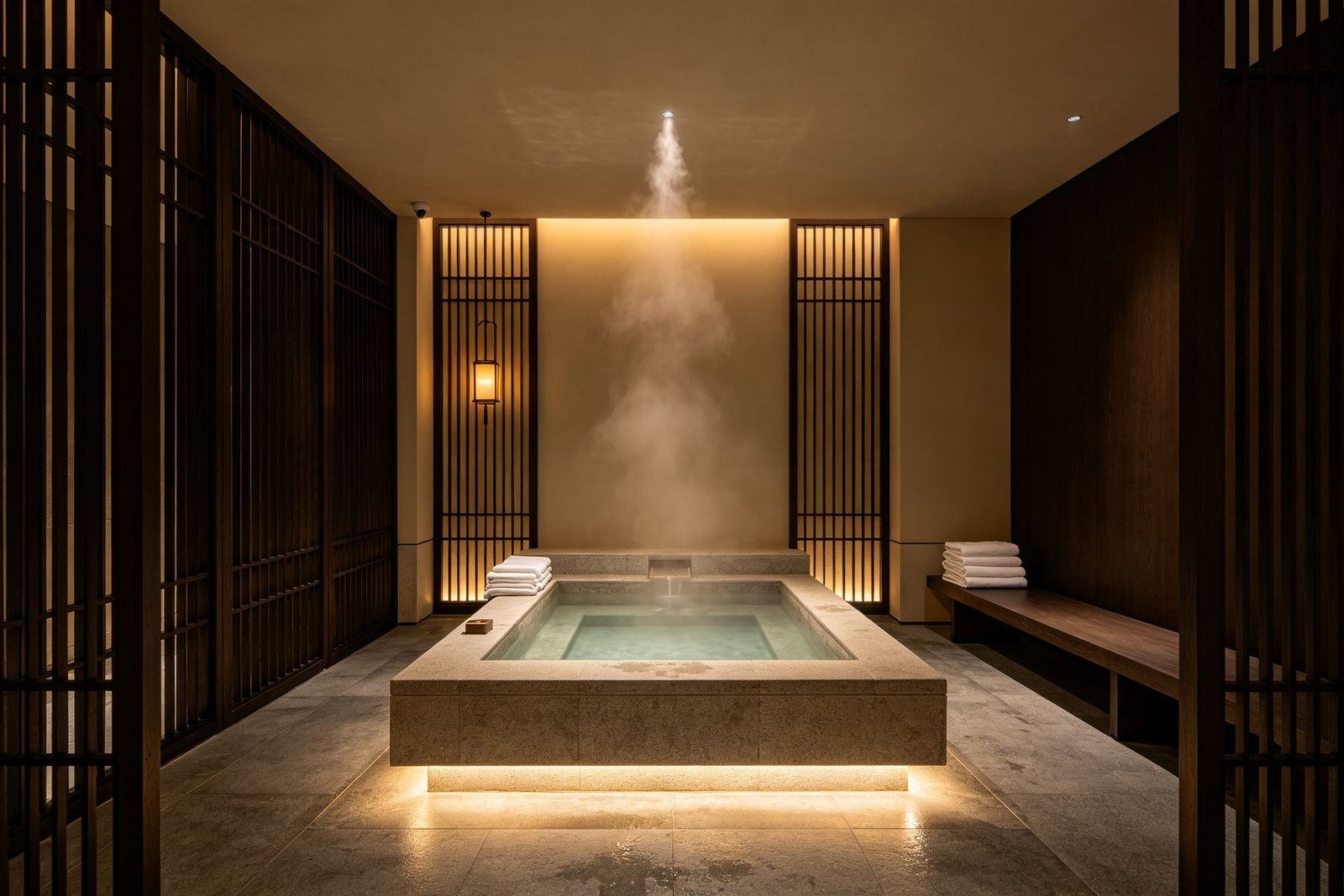 A stone soaking pool in a Chinese bathhouse and spa, lit from below through steam